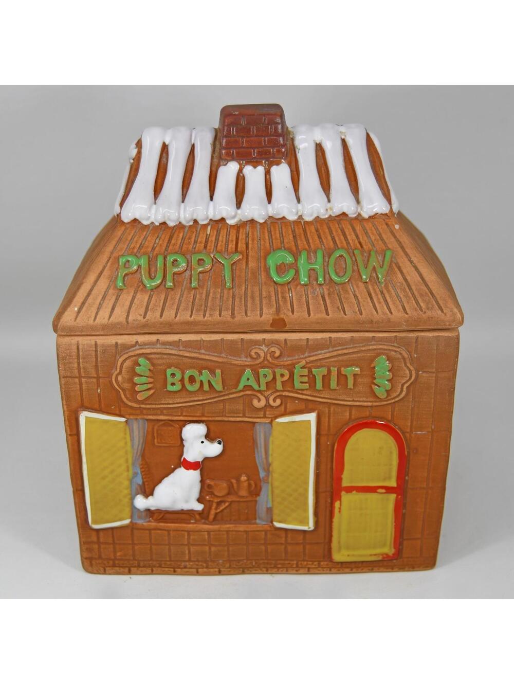 Vintage Shafford Puppy Chow Bon Appetit House Dog Cookie Treat Jar Ceramic Japan